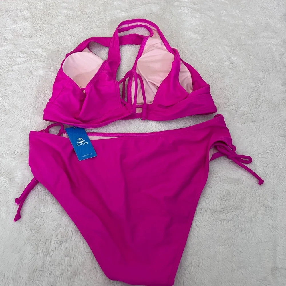 Cupshe‎ Women's Fuchsia Pink Bikini Set High Waisted Side Tie Size Large NWT